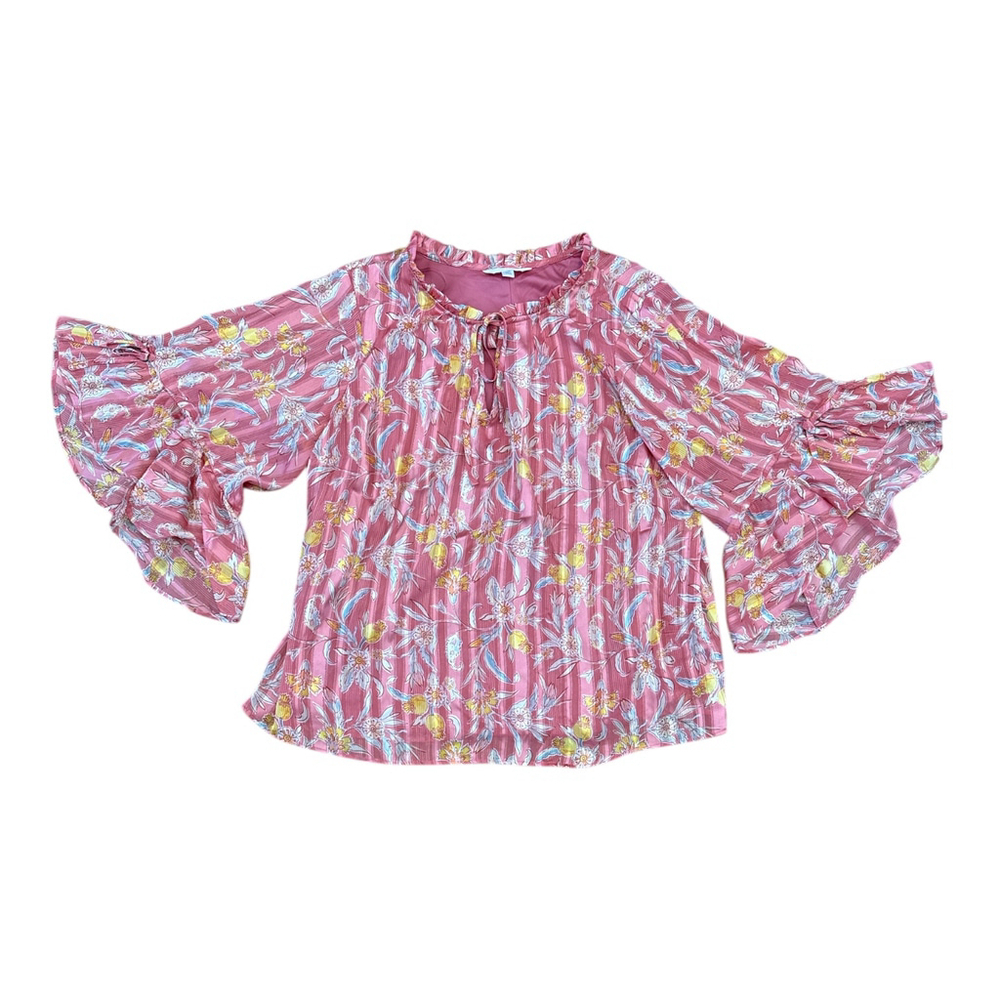 Lauren Conrad Women's Floral Bell Sleeve Blouse, Pink Floral Print, XL - Picture 3 of 6